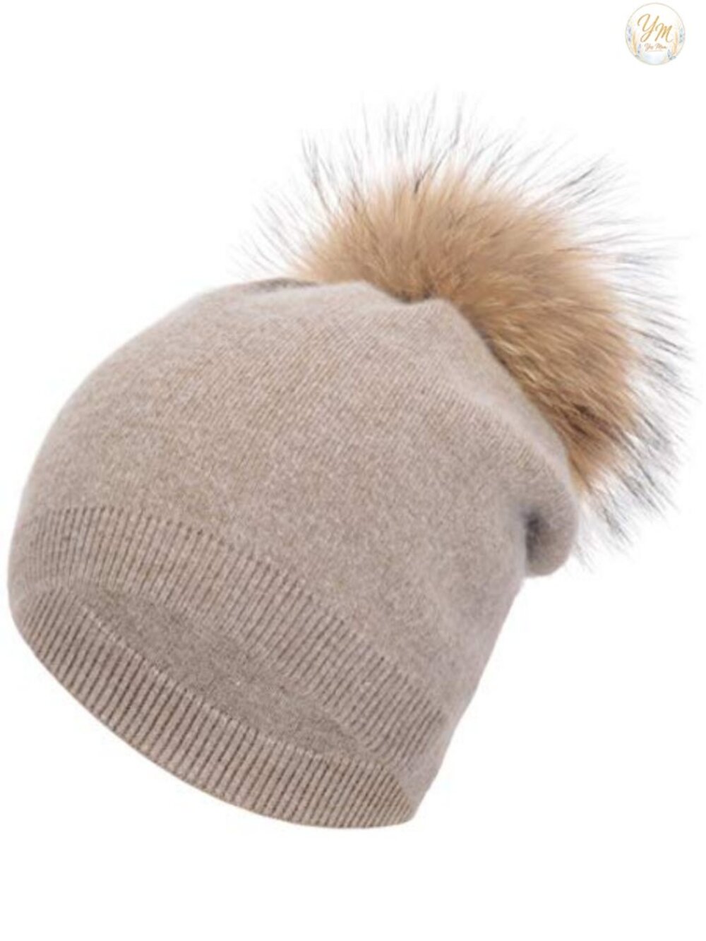 Women's Real Fur Pom Pom Cashmere Wool Blend Winter Slouchy Knit Beanie Hat